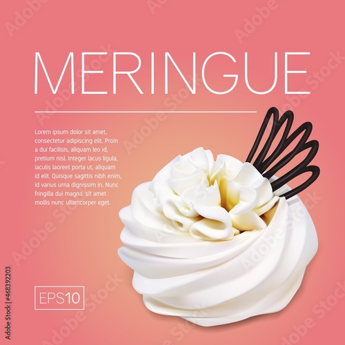 Illustration with meringue cake and cream. Vector illustration with realistic meringue and cream cake