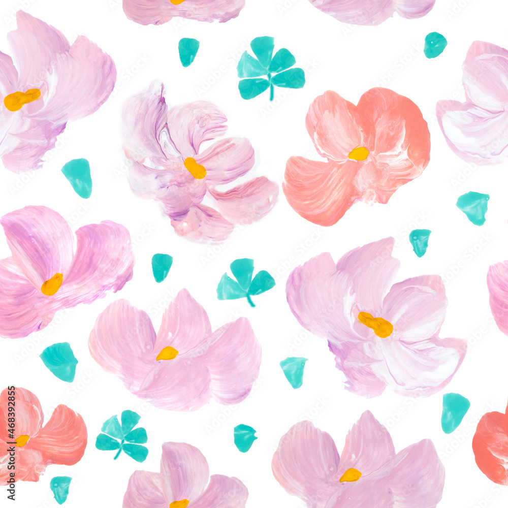 Seamless pattern abstract flowers, art painting, creative hand painted background, brush texture, acrylic painting.