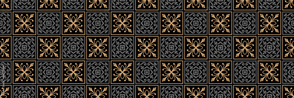 Foto auf Acrylglas mit Gefliestes Hintergrundmuster mit geometrischen Ornamenten in Gold und grauen Elementen auf schwarzem Hintergrund für Ihr Design. Nahtloser Hintergrund für Tapeten, Texturen. Vektor-Illustration. #468393040