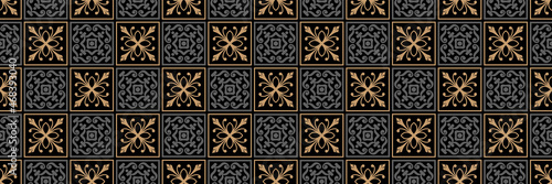 Tiled background pattern with geometric ornament gold and gray elements on a black background for your design. Seamless background for wallpaper, textures. Vector illustration.
