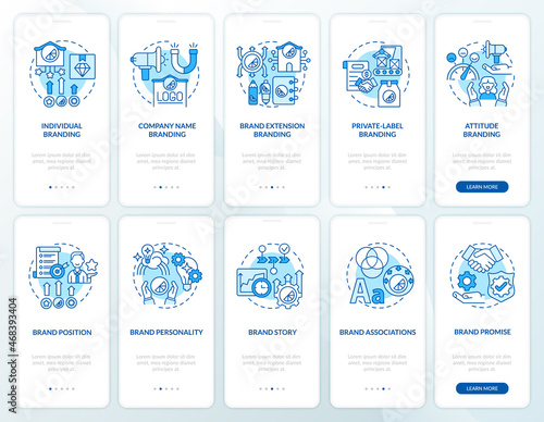 Brand planning blue onboarding mobile app page screen set. Business strategy walkthrough 5 steps graphic instructions with concepts. UI, UX, GUI vector template with linear color illustrations