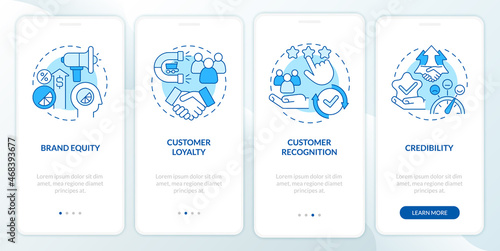 Branding benefits blue onboarding mobile app page screen. Planning business walkthrough 4 steps graphic instructions with concepts. UI, UX, GUI vector template with linear color illustrations
