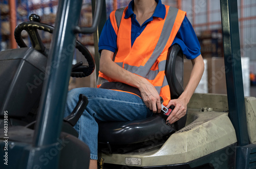 Safety first on forklifts in factory. photo
