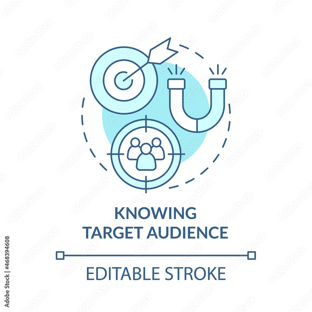Naklejka premium Knowing target audience blue concept icon. Analyzing customer base. Research of clients. Brand planning abstract idea thin line illustration. Vector isolated outline color drawing. Editable stroke