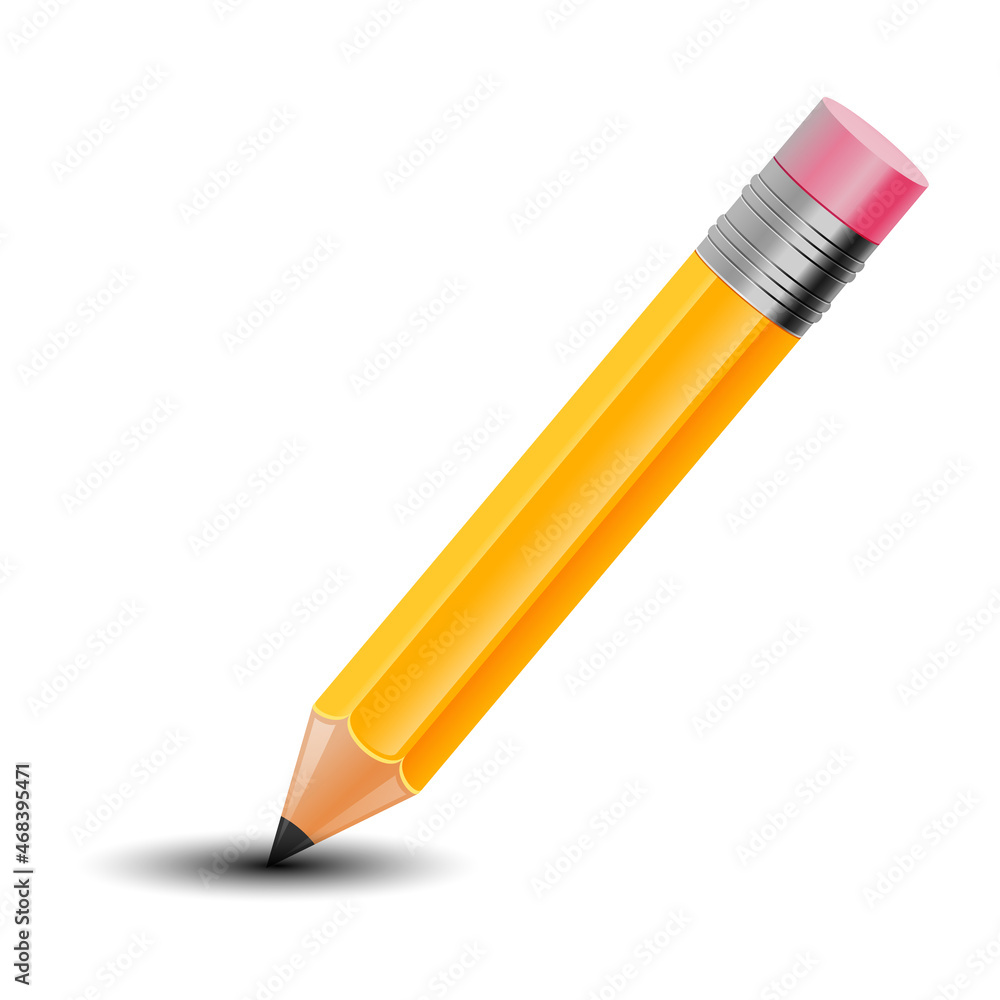 Realistic yellow pencil with eraser isolated on white background. Stationery for office and school, drawing, underlining. Vector illustration. Realistic yellow pencil with eraser isolated on white background. Stationery for office and school, drawing, underlining. Vector illustration.