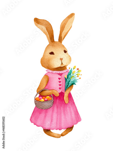 Watercoor Easter bunny with basket of eggs and flowers on white background isolated. Cute vintage illustration.