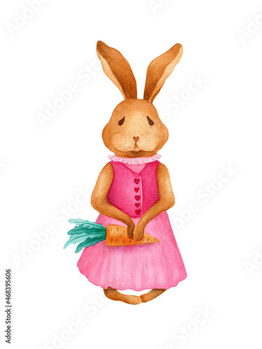 Watercoor Easter bunny with carrot on white background isolated. Cute vintage festive rabbit.