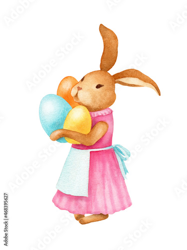 Watercolor Easter bunny with colorful eggs. Cute rabbit on white background isolated.