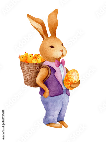 Watercolor Easter bunny with basket of yellow chickens and golden egg. Cute brown rabbit on white background isolated. Nice vintage illustration.
