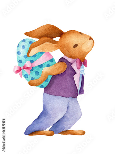 Easter bunny with big blue egg. Cute brown rabbit in purple suit on white background isolated. Nice vintage watercolor illustration.