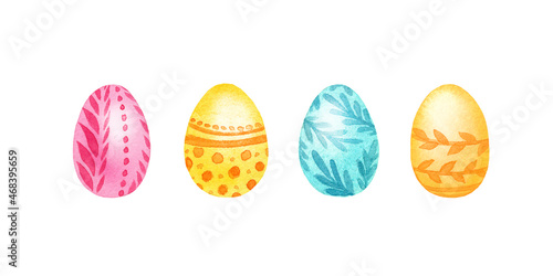 Four watercolor Easter eggs. Pink, yellow, blue, orange eggs on white background isolated.