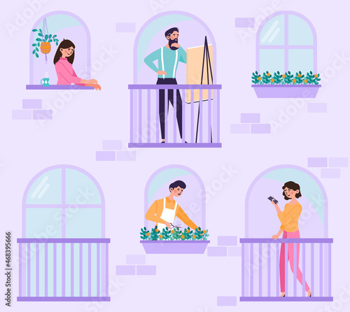 Concept of good neighborhood. Neighbors in open windows and balconies communicate and help each other. Kind male and female characters provide support and share tips. Cartoon flat vector illustration