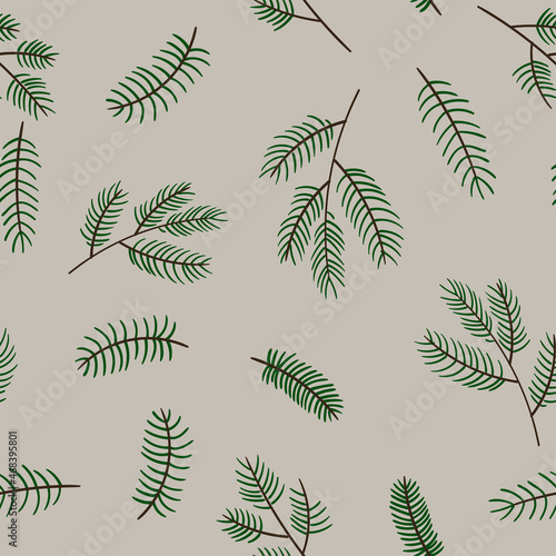 Christmas tree branches seamless pattern. Hand drawn texture with natural winter elements. Holiday vector wallpaper