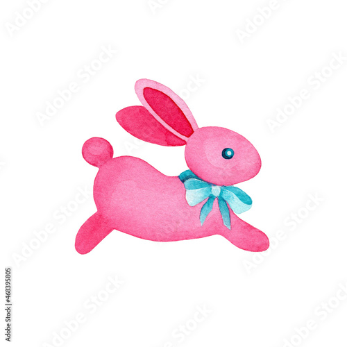 Pink watercolor Easter bunny with blue ribbon on white background isolated. Cute hand drawn element for your design.