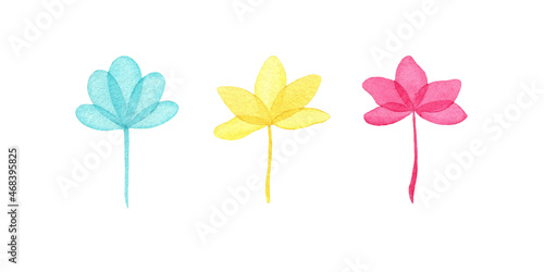 Three hand drawn flowers. Blue, yellow, pink colors. Nice delicate elements.