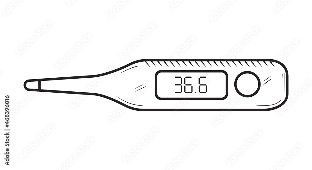 Sketch illustration of electronic thermometer. Heating measurement device. Fever detection