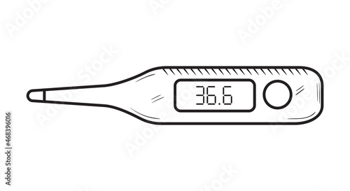 Sketch illustration of electronic thermometer. Heating measurement device. Fever detection. Doctor and nurce medical equpment. Black outline doodle