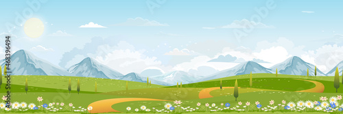 Seamless pattern Spring green fields landscape with mountain, blue sky and clouds background,Endless rural nature in springtime with green grass land.Cartoon vector for Spring and Summertime banner
