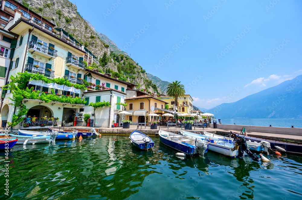 Limone sul Garda - harbour village at Lake Garda with beautiful mountain scenery, Italy - travel destination