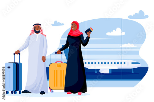 Traveling arab man and woman with luggage. Arabic muslim young couple at airport terminal. Vector cartoon illustration