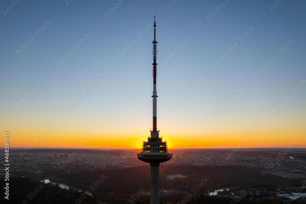 Aerial autumn fall sunrise view of Vilnius TV Tower, Lithuania