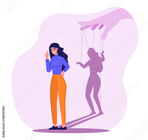 Concept of influence or manipulation. Big hand controls emotions and psychological state of woman. Puppet obeys opinion of others. Character overcomes addiction. Cartoon flat vector illustration