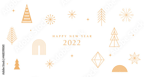 Simple Christmas background, elegant geometric minimalist style. Happy new year banner. Snowflakes, decorations and Xmas trees elements. Retro clean concept design