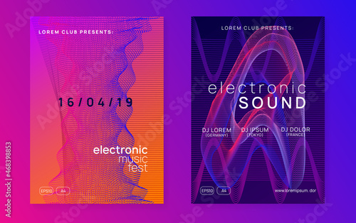 Neon music poster. Electro dance dj. Electronic sound fest. Club event flyer. Techno trance party.