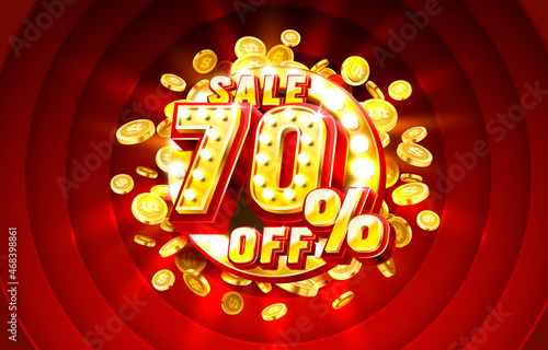 Scene golden 70 sale off text banner. Night Sign. Vector