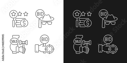 Auction components linear icons set for dark and light mode. Silent bidding. Auction sniping. Appraisal process. Customizable thin line symbols. Isolated vector outline illustrations. Editable stroke