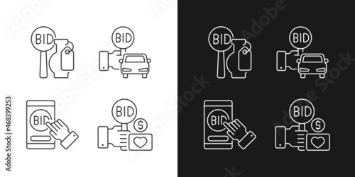 Auction items linear icons set for dark and light mode. Art objects, vehicle selling. Online app for bargaining. Customizable thin line symbols. Isolated vector outline illustrations. Editable stroke
