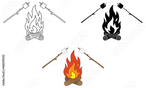 Roasting Marshmallows Over a Camp Fire Clipart Set - Outline, Silhouette and Color
