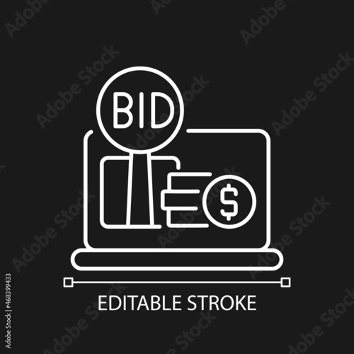 Online auction white linear icon for dark theme. Electronic commerce. Online marketplace. Thin line customizable illustration. Isolated vector contour symbol for night mode. Editable stroke