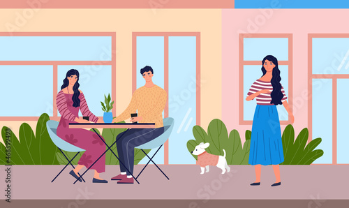 Urban street with cafes. Young couple sitting at table, chatting and drinking coffee. Female character walks with dog outdoors. Alley with buildings and coffee shops. Cartoon flat vector illustration