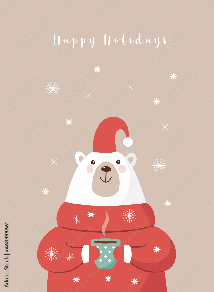 Christmas card. Cute white bear with cup of hot tea
