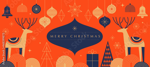 Simple Christmas background, elegant geometric minimalist style. Happy new year banner. Snowflakes, decorations and Xmas trees elements. Retro clean concept design