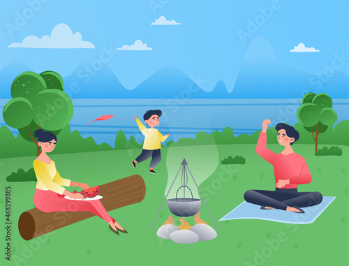 Summer camp concept. Young family with mom, dad and little son relaxing outdoors. Hiking in forest. Characters cook food in nature. Trip to mountains. Cartoon colorful flat vector illustration