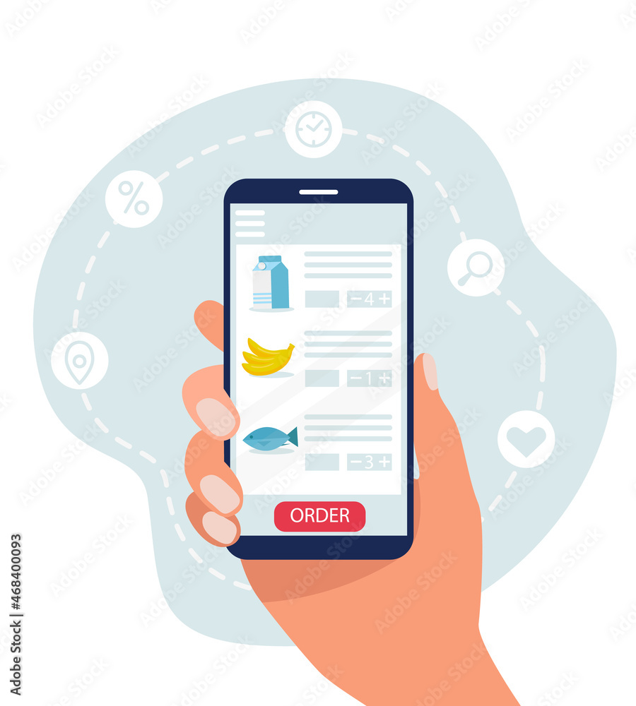 Hand holds a phone with a list of groceries. Online shopping. Vector illustration in a flat style. Hand holds a phone with a list of groceries. Online shopping. Vector illustration in a flat style.