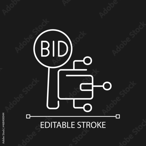 Cryptocurrency auction linear icon for dark theme. Crypto currency bidding and trading. Thin line customizable illustration. Isolated vector contour symbol for night mode. Editable stroke