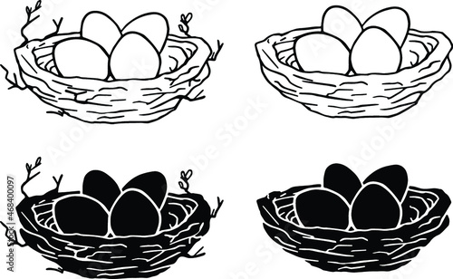 Birds Nest Clipart Set - Outline and Silhoutte