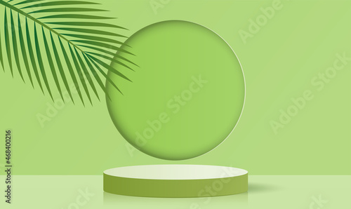 Paper cut style of minimal green color cylinder podium for products display presentation. Vector illustration