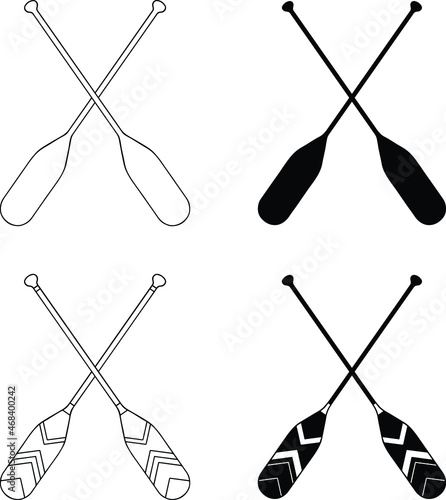 Crossed Canoe Paddles Clipart Set - Outline and Silhouette