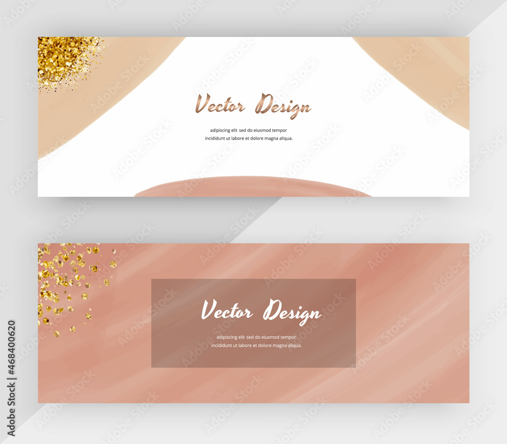 Fototapeta premium Boho hand drawing horizontal web banners with gold glitter texture. 