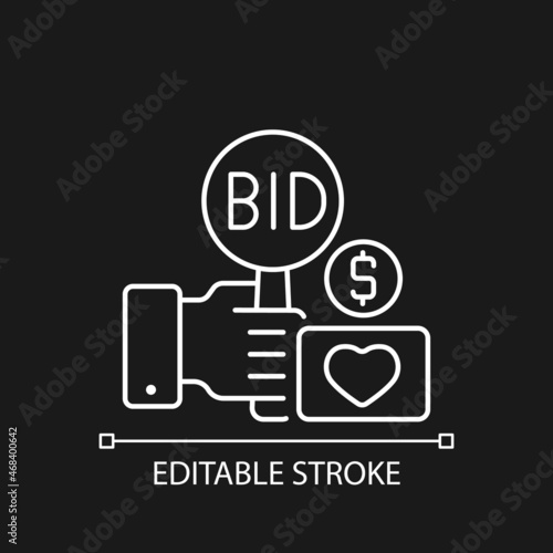 Charity auction linear icon for dark theme. Fundraising event. Public sales. Bargaining. Thin line customizable illustration. Isolated vector contour symbol for night mode. Editable stroke