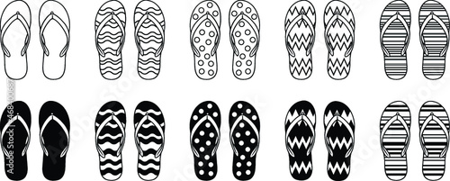 Patterned Flip Flop Sandals Clipart Set - Outline and Silhouette