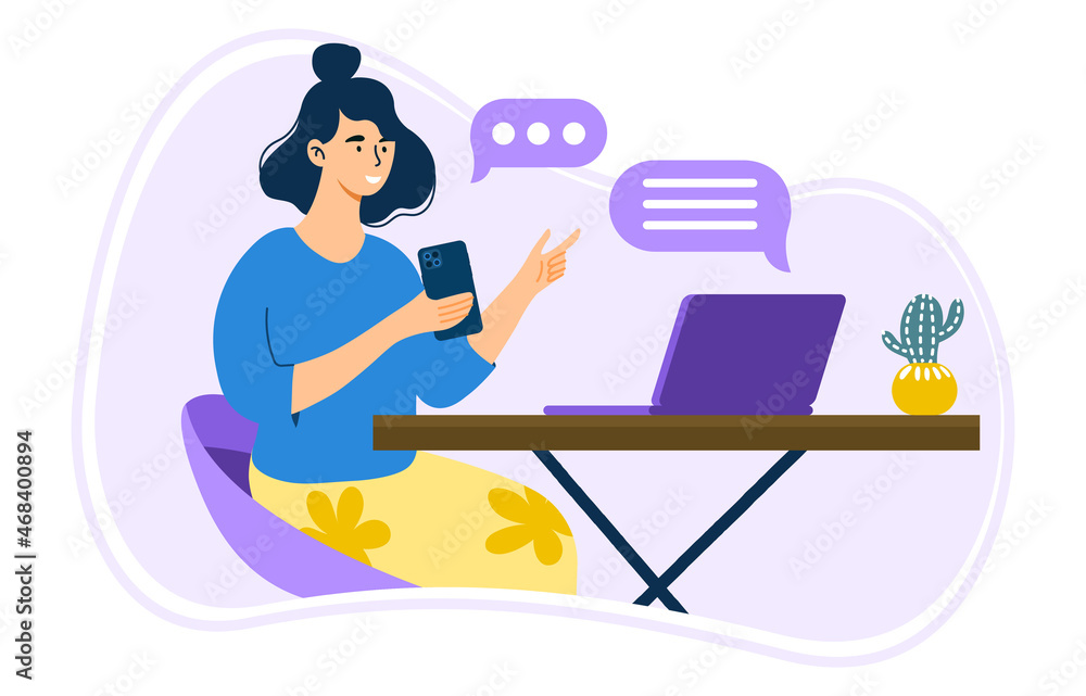 Young woman with smartphone concept. Female character sitting at desk and surfing social media. Young girl chatting with friends or colleagues. Freelancer or manager. Cartoon flat vector illustration