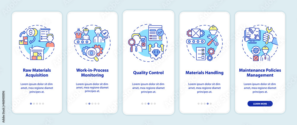 Operations managers duties onboarding mobile app page screen. Business walkthrough 5 steps graphic instructions with concepts. UI, UX, GUI vector template with linear color illustrations Operations managers duties onboarding mobile app page screen. Business walkthrough 5 steps graphic instructions with concepts. UI, UX, GUI vector template with linear color illustrations