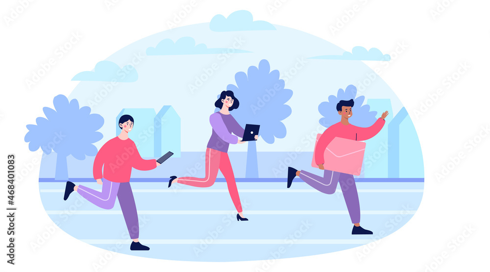 Competition between man and woman concept. Group of people running down city street. Characters with envelope, laptop and smartphone participate in marathon. Cartoon flat vector illustration