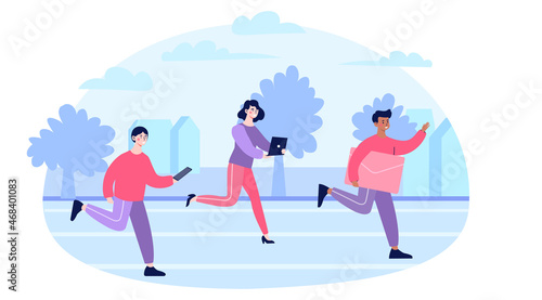 Competition between man and woman concept. Group of people running down city street. Characters with envelope, laptop and smartphone participate in marathon. Cartoon flat vector illustration