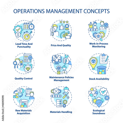 Operations management concept icons set. Lead time, punctuality. Price and quality. Production efficiency control idea thin line color illustrations. Vector isolated outline drawings. Editable stroke